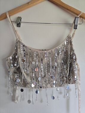 NWT! Mac Duggal, Sequin Fringe Cropped Camisole, Nude Silver, Size XS